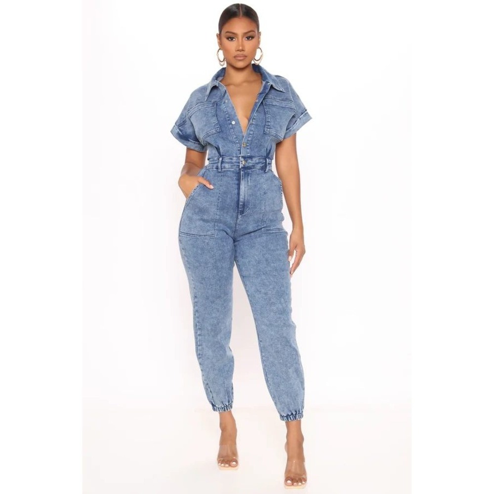 Fashion Nova Daniela Denim Jumpsuit XS Acid Wash Utility Jogger Snap Front